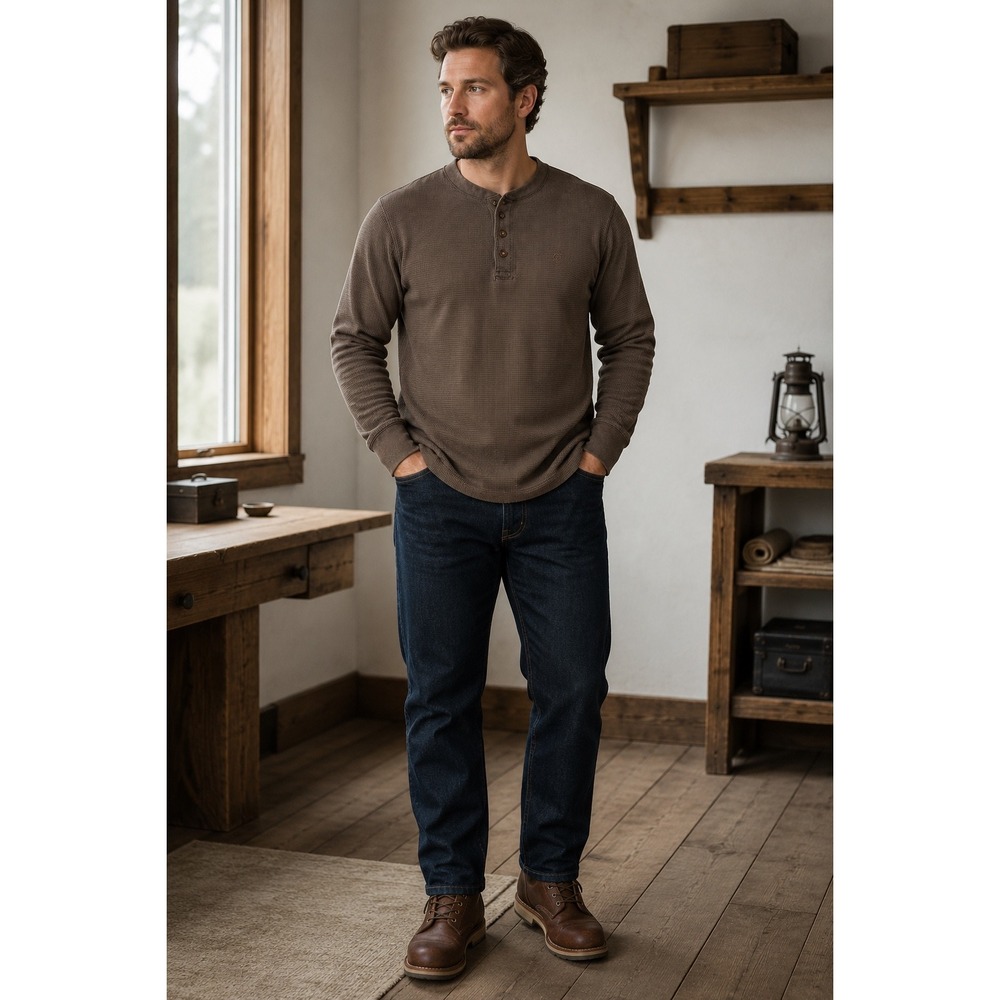 Wolverine Mens XL Brown Waffle Knit Henley Long Sleeve Shirt Gorpcore Minimalist